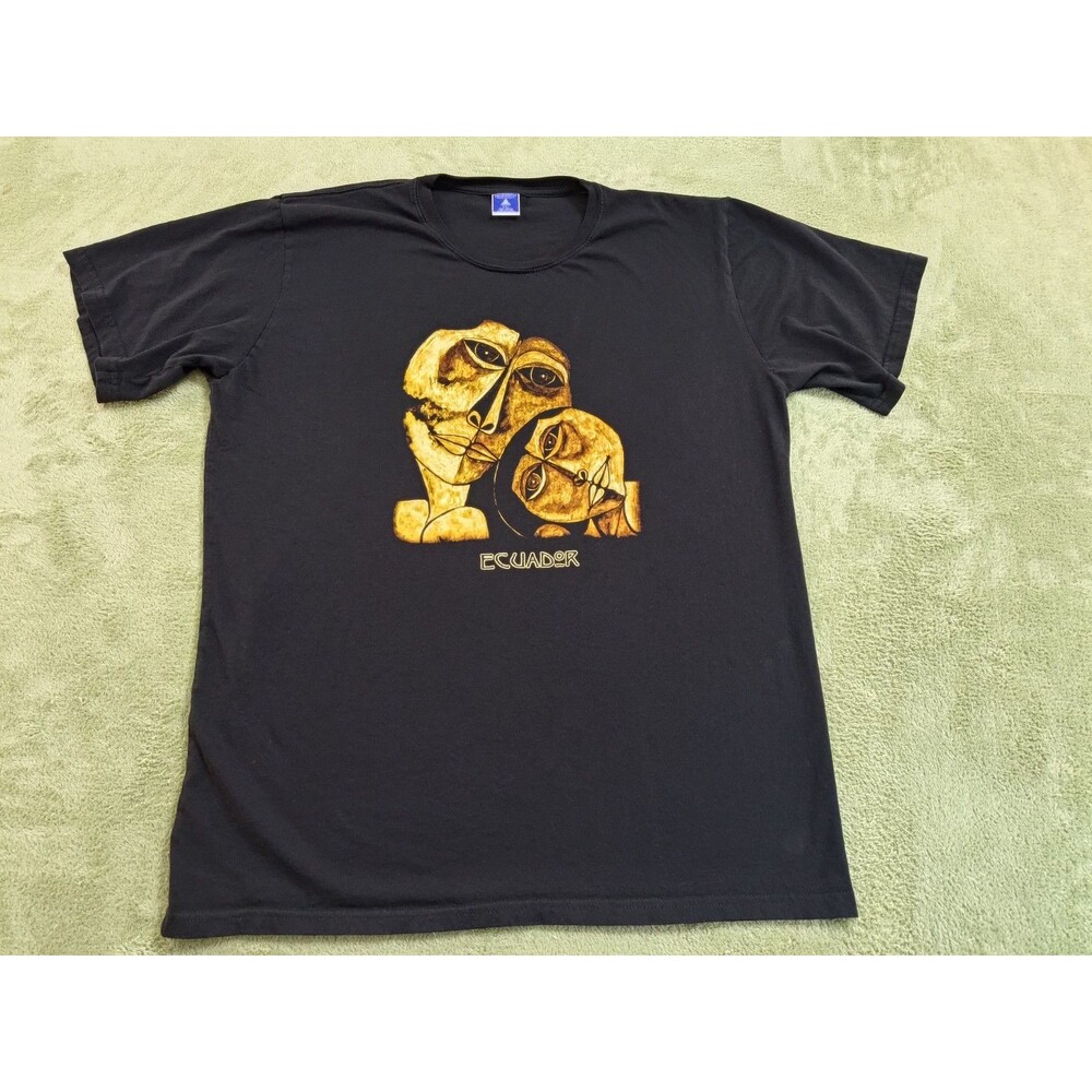 Equinoccio Ecuador T-Shirt XXL Black Hand Printed Abstract Faces Graphic 100% Co